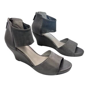 Eileen Fisher Corona Gray Leather Open Toe Wedge Sandals Womens Size 9.5